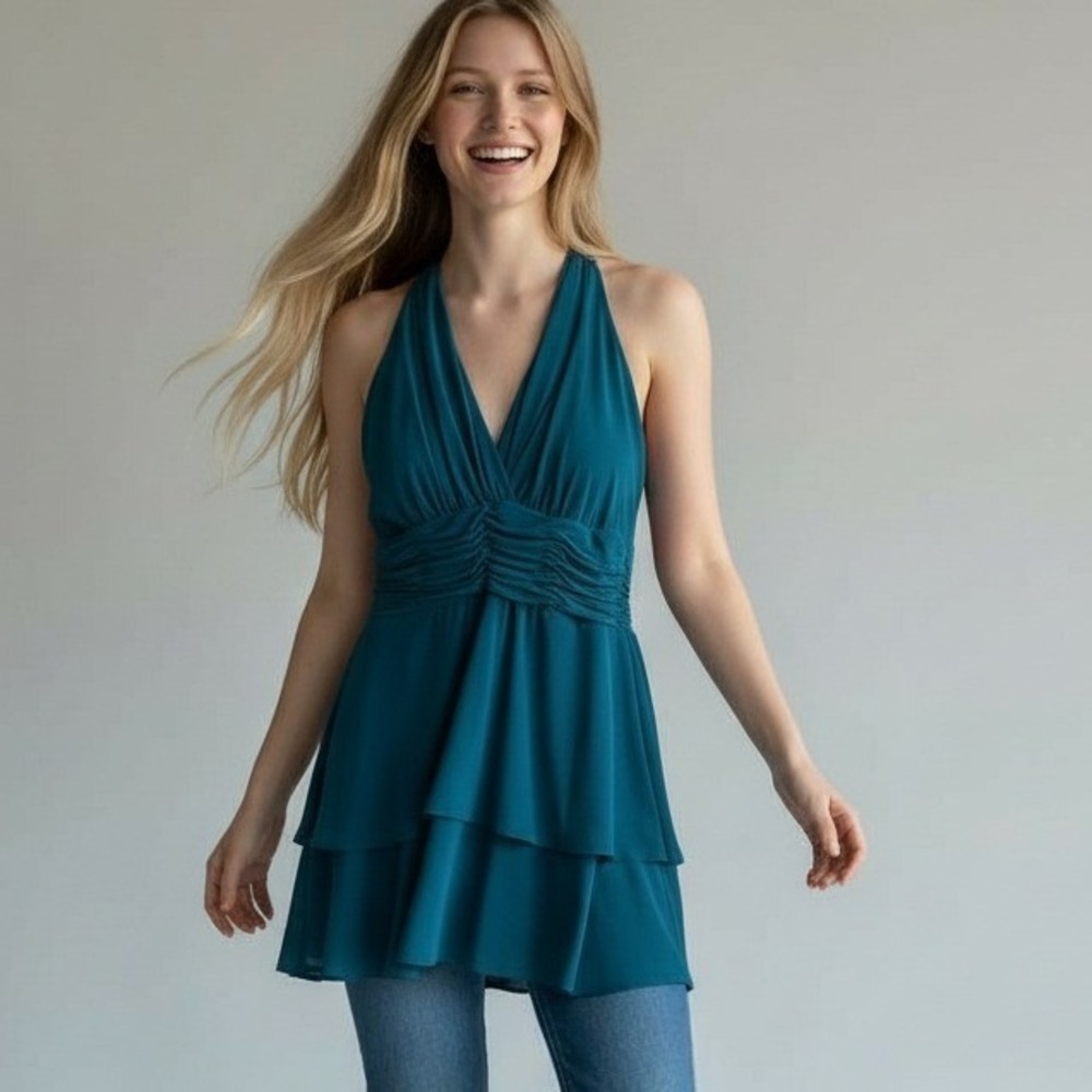 Evan Picone Dress Women 4 Teal Blue‎ Mini Y2K 90s Babydoll Empire Waist Halter